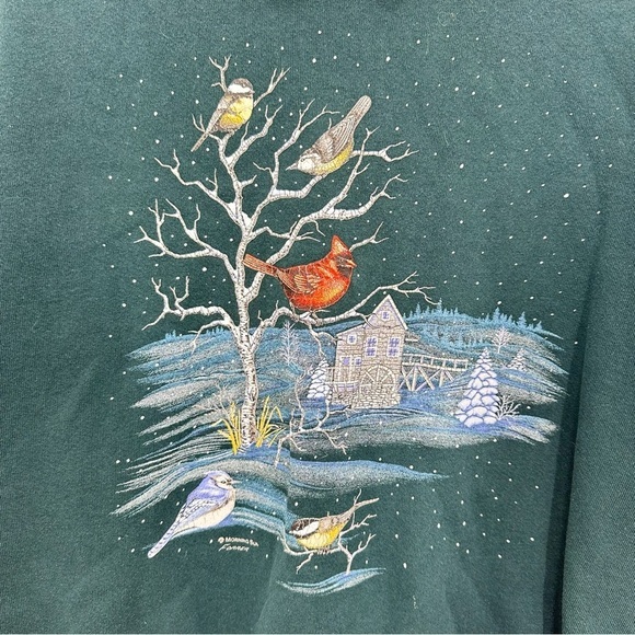 Vintage Red Cardinal Grandma Collared Green Sweatshirt Size Large Birding Winter - Picture 4 of 5